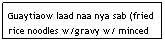 Text Box: Guaytiaow laad naa nya sab (fried rice noodles w/gravy w/ minced beef, carrots, & onions)      $5.95                                
